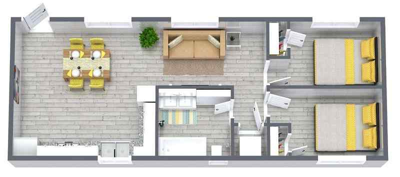cabin style 2-bedroom floor plan