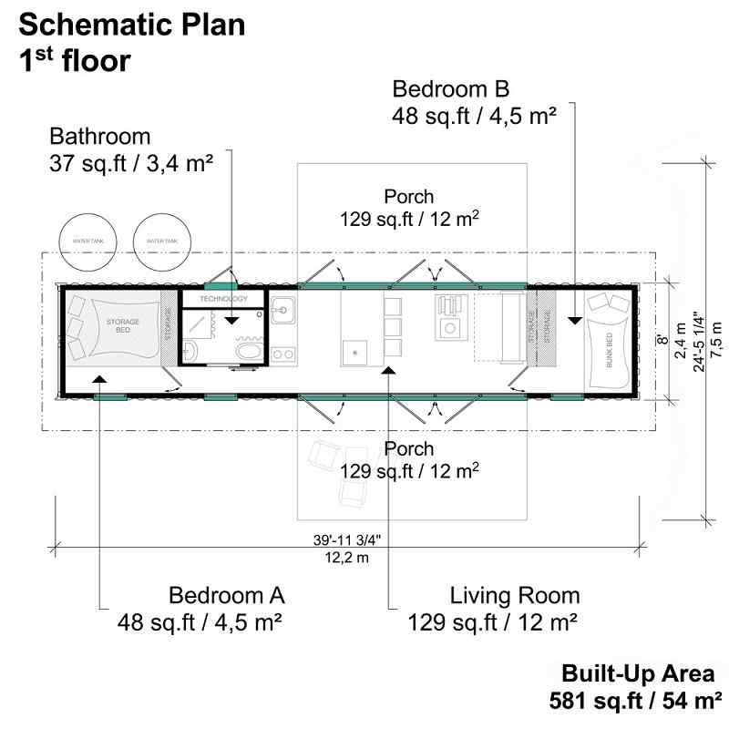 two bedroom floor plan with porch